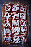 Strawberry and Rhubarb Cake Dusted with Icing Sugar