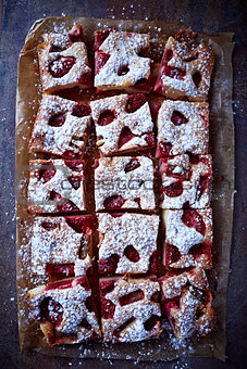 Strawberry and Rhubarb Cake Dusted with Icing Sugar