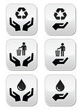 Hands with green, ecology symbols icons set