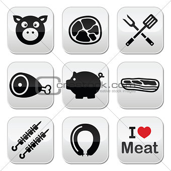 Pig, pork meat - ham and bacon icons set