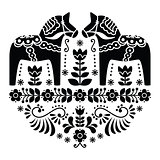 Swedish Dala or Daleclarian horse floral folk pattern in black and white