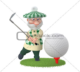 The 3D grandfather plays golf on a lawn
