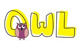 O is for owl - vector illustration with funny staring violet owl and hand drawn doodle yellow word.
