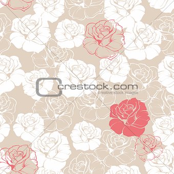 Tile floral vector pattern with classic white and red roses on beige background.