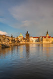 View from   Kampa on the famous Charles Bridge at spring sunset.