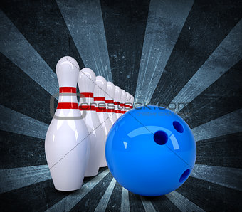 Bowling ball breaks standing pins. Grunge style