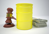 Gavel, wads money and barrel of gas