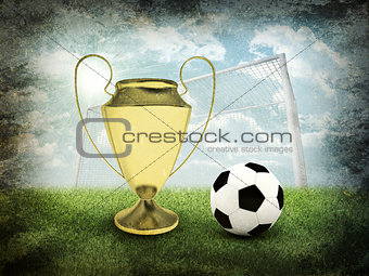 Soccer ball, gate and gold cup in the field