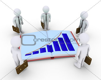 Businessmen around a book with graph