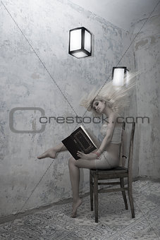 A beautiful girl with long hair in a mysterious and gloomy room, sitting on an old chair, reading a book surrounded by the order of paper lanterns in the air