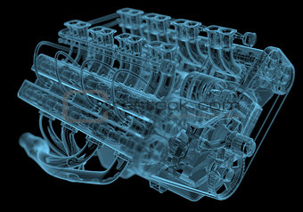 Car engine x-ray blue transparent isolated on black