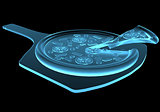 Fast food pizza x-ray blue transparent isolated on black