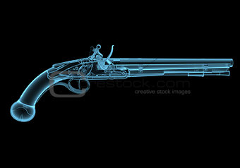Antique fire-arm pistol x-ray blue transparent isolated on black