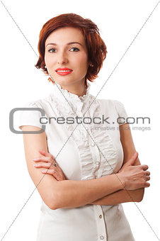 beautiful woman on white background stares at you