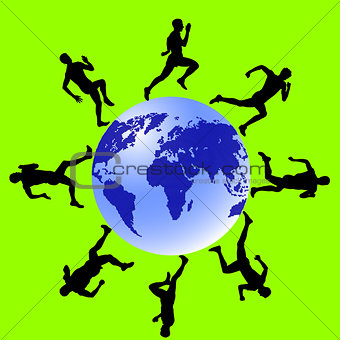 Silhouettes, athletes run around the globe. vector illustration.