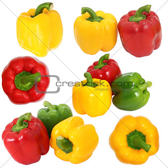 Set red green and yellow sweet  bell pepper isolated on white ba