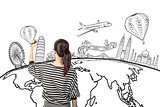 asian woman drawing or writing dream travel around the world