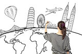 asian woman drawing or writing dream travel around the world