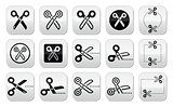 Scissors with cut lines icons set