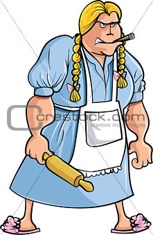Cartoon angry woman with rolling pin