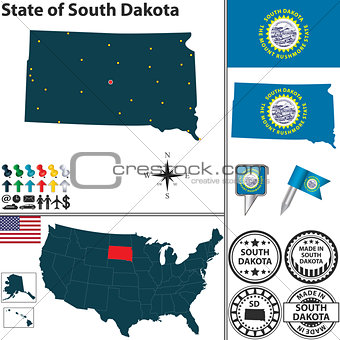Map of state South Dakota, USA