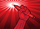 Fist holding a pencil with a fiery point