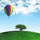 3D landscape with tree and hot air balloon