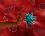 Female hand stopping virus amongst blood cells