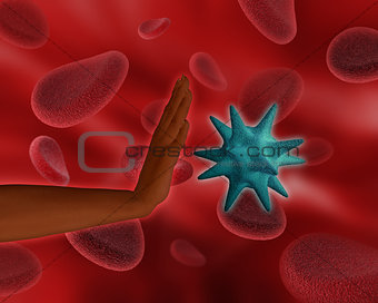 Female hand stopping virus amongst blood cells