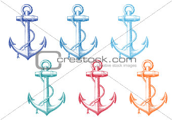 vintage anchor with rope, vector set