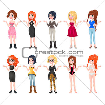 Women with different dresses, clothes and shoes.