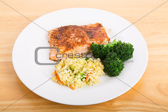 Baked Salmon with Broccoli and Vegetable Rice