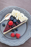 Piece of  berry cake decorated with whipped cream