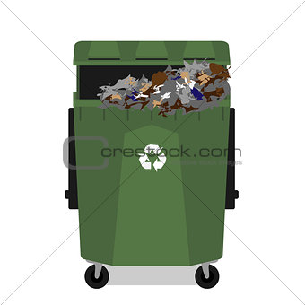 Wheeled garbage can with recycling symbol full isolated