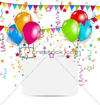 celebration card with balloons, confetti and hanging flags