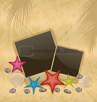 Sand background with photo frames, starfishes, pebble stones, se