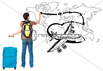 young traveler drawing airplane and airline path on the map 