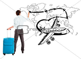 young businessman drawing airplane and airline path on the map