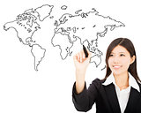 smiling business woman  drawing  global map concept 