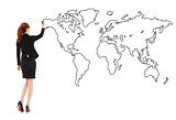 Business woman standing and drawing  global map