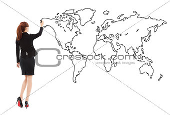 Business woman standing and drawing  global map
