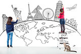 two girl kids drawing global map and famous landmark 