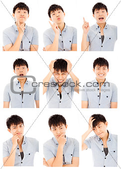 asian young man face expressions composite isolated on white 