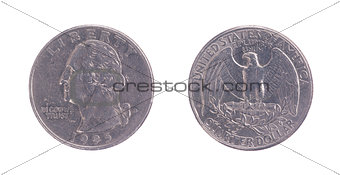 Twenty five American cents on a white background