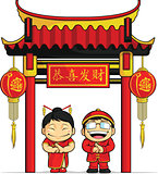 Cartoon of Boy & Girl Greeting Chinese New Year