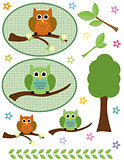 Owls, tree, branches and flowers