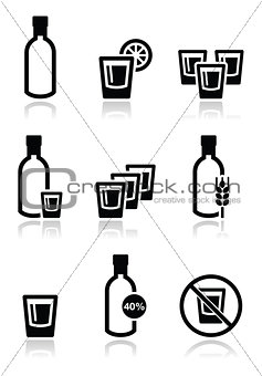 Vodka, strong alcohol icons set