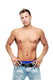 Adult man without shirt posing in studio