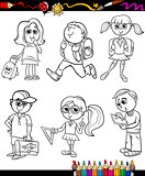 school kids group cartoon coloring book