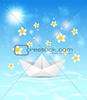 Background with paper boat and flowers 